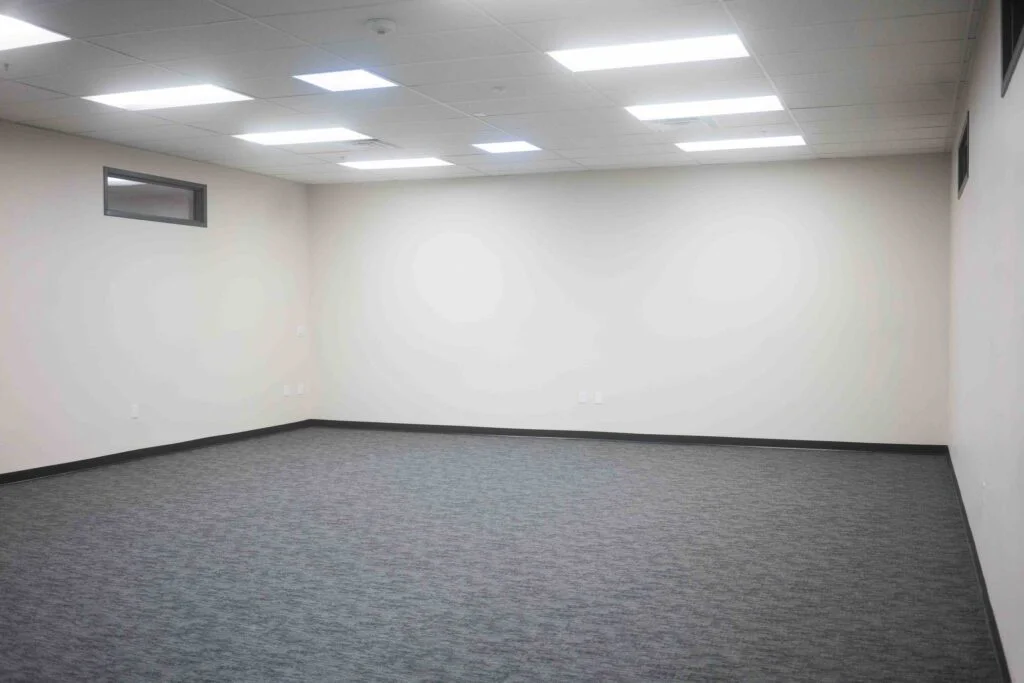 Empty renovated room with fresh gray carpet, painted walls, and a small high window