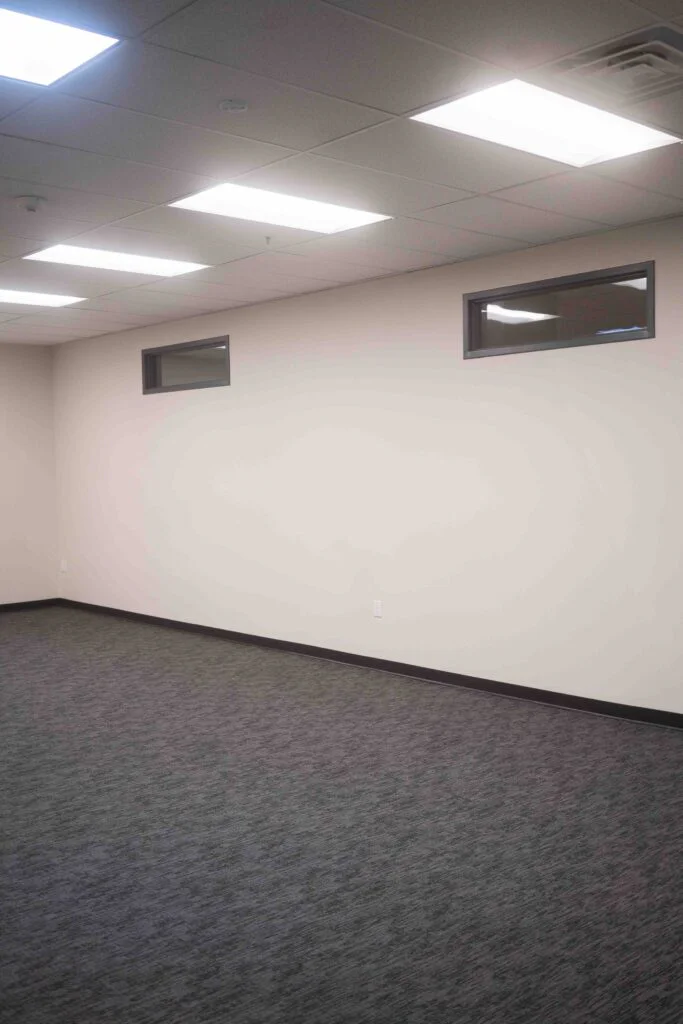 Empty interior room with cream walls, two small high windows, and gray carpet