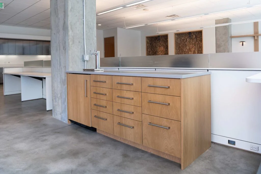 Wood kitchenette island with drawers, a quartz countertop and a beverage tap