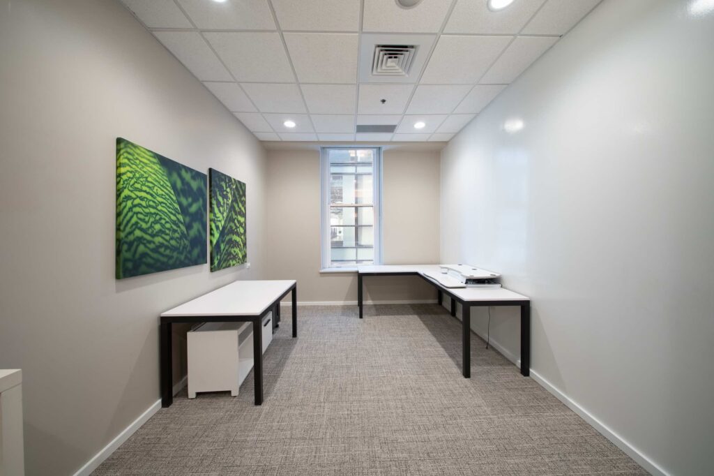 Finished private office with two black-framed desks, large leaf-pattern wall art, and a window view of the street
