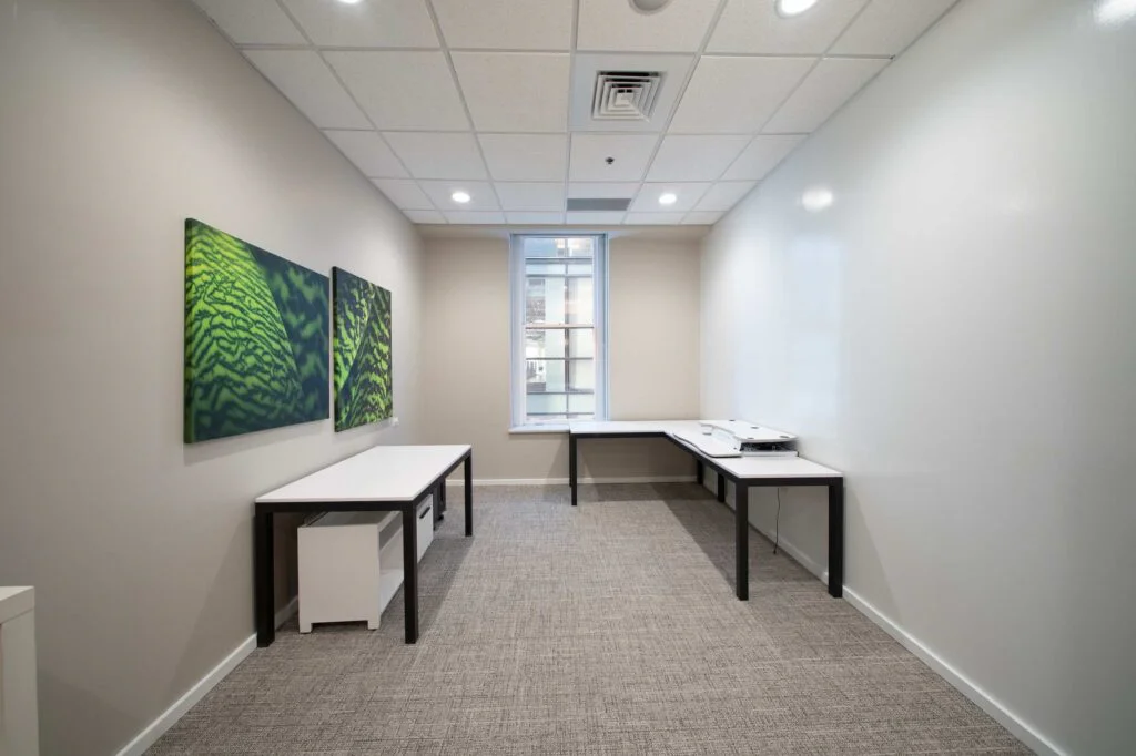 Finished private office with two black-framed desks, large leaf-pattern wall art, and a window view of the street