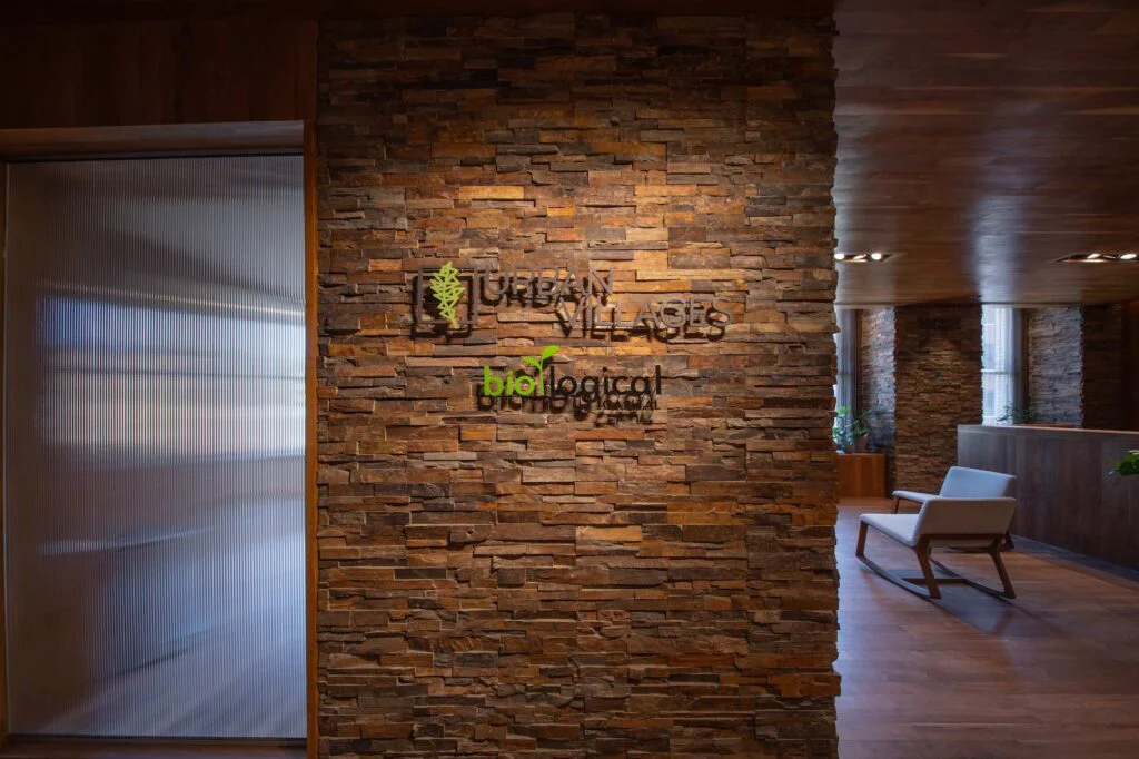 Close-up of a stacked stone wall with mounted logo signage leading into an office reception lobby