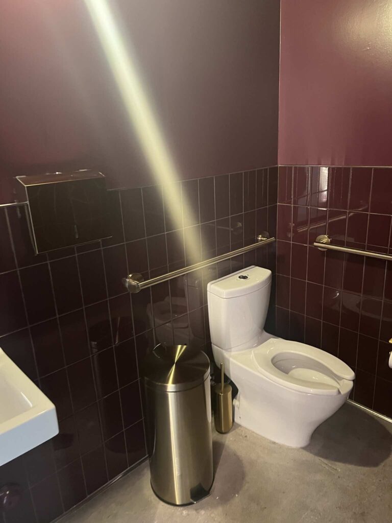 Toilet with brass trash can and toilet brush holder in a maroon-tiled restroom