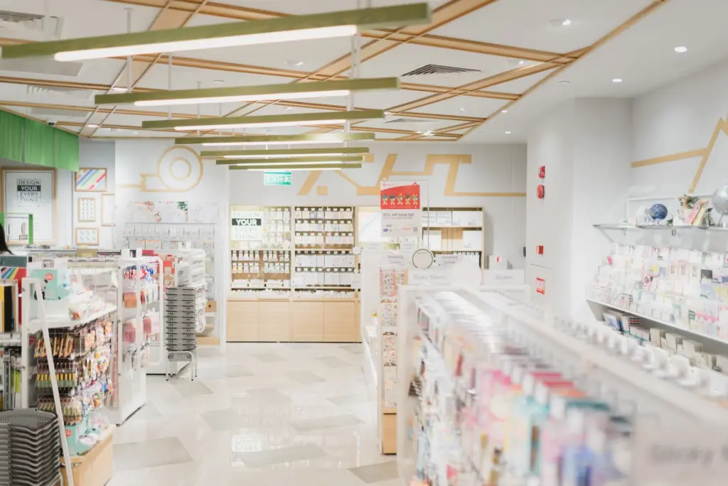 Bright retail store interior with wood ceiling beams, pendant lighting, and merchandise displays